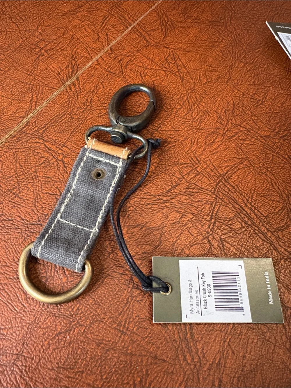 Myra Bag Brown and Gray Leather & Canvas Key Clip